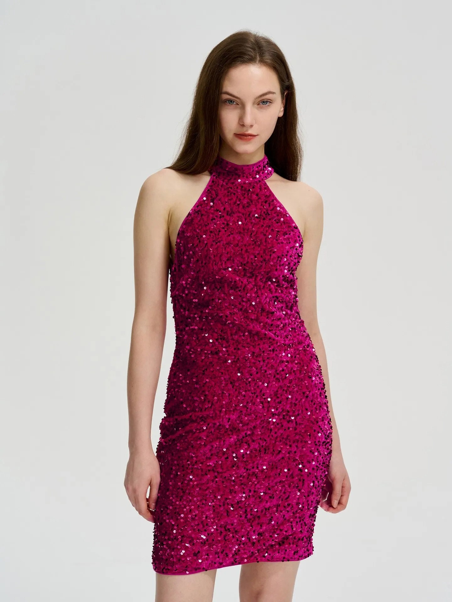 Hendrix Halterneck A-Line Mini Dress Sequin Flower Red