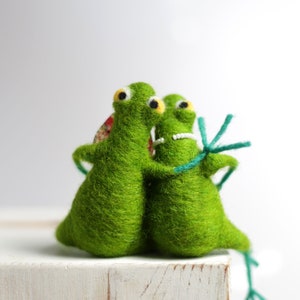 Needle Felted Frogs, Hugged Frogs, Newly-weds Gift, Needle Felt Animals, Christmas, Weeding, Valentine Gift Idea, Cake Topper, Anniversary image 1