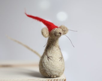 Handmade Needle Felted Christmas Mouse with Red Hat, Santa Elf, Table Decor, Christmas Home, Festive Holiday Collectible, Valentine Gift