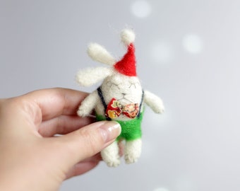 Handmade Needle Felted Christmas Bunny with Red Hat, Santa Elf, Table Decor, Christmas Home Decor, Festive Holiday Collectible