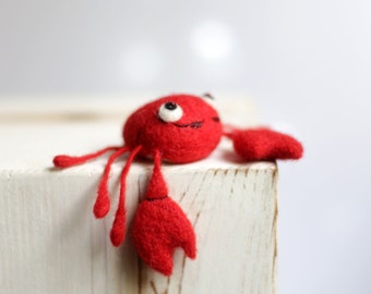Needle Felted Crab Ornament: Wool Art Doll with Mustache