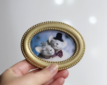 Handcrafted Portrait Of Two Cat Newlyweds in Gold Oval Frame - Miniature Dollhouse Art or Princess Room Decor, Cat Lovers Gift, Weeding Gift
