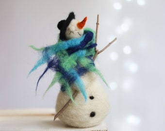 Dreamy White Snowman, Needle Felted Christmas Decor, Winter Collectible, Blue Christmas Home Decoration, Table Decor, New Home Gift