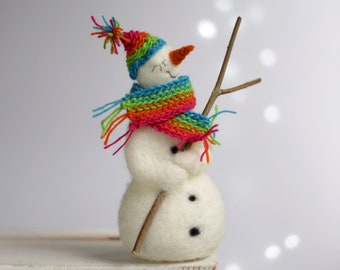 Dreamy White Snowman, Needle Felted Christmas Decor, Winter Collectible, Colourful Christmas Home Decoration, Table Decor, New Home Gift