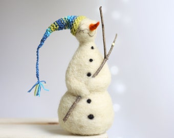 Dreamy White Snowman, Needle Felted Christmas Decor, Winter Collectible, Blue Christmas Home Decoration, Table Decor, New Home Gift