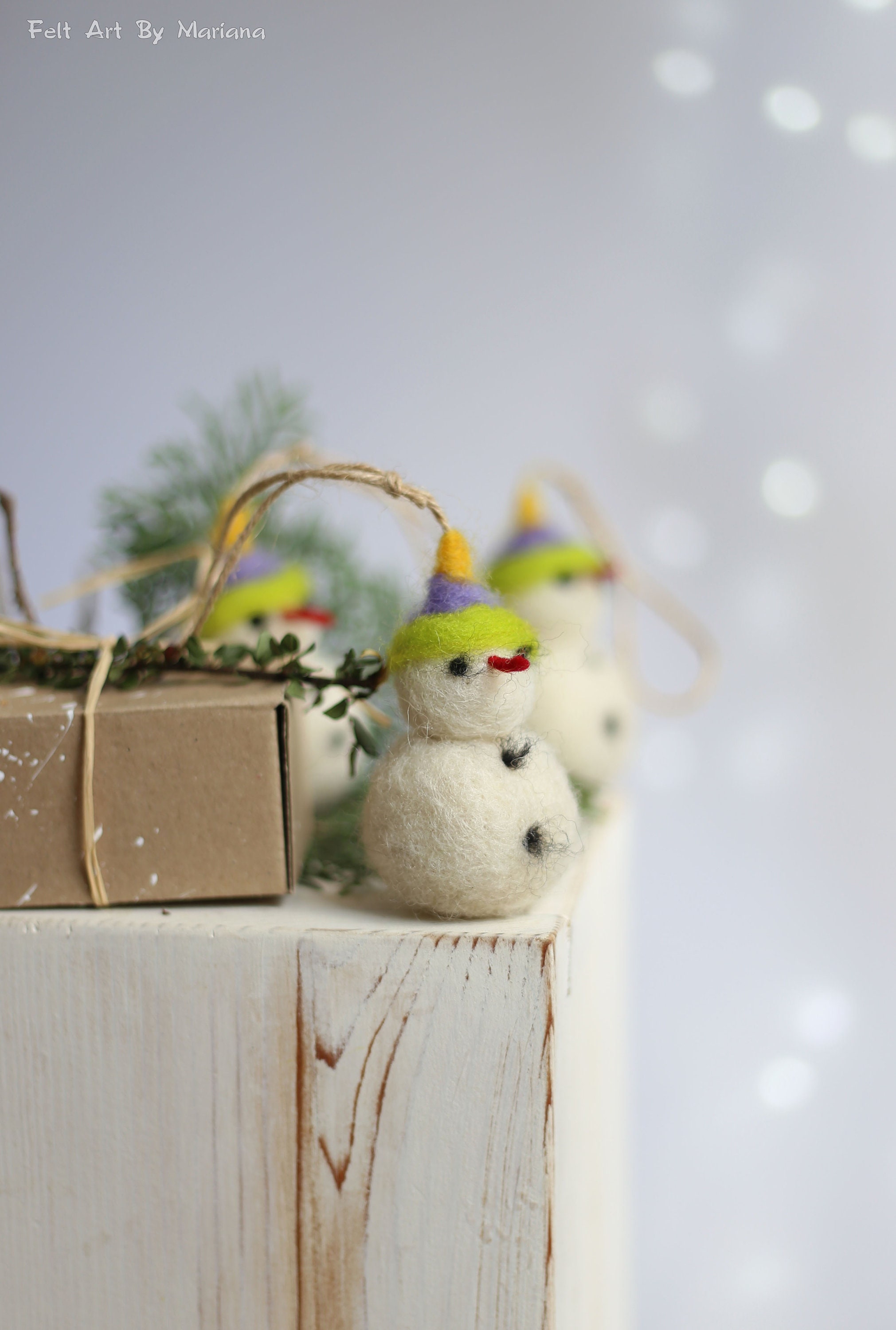 Triples  Snowman Ornaments Set: Handcrafted Needle Felted Snowmen Pair, Wool, Christmas Decor, Stocking Stuffer, Red Heart Theme