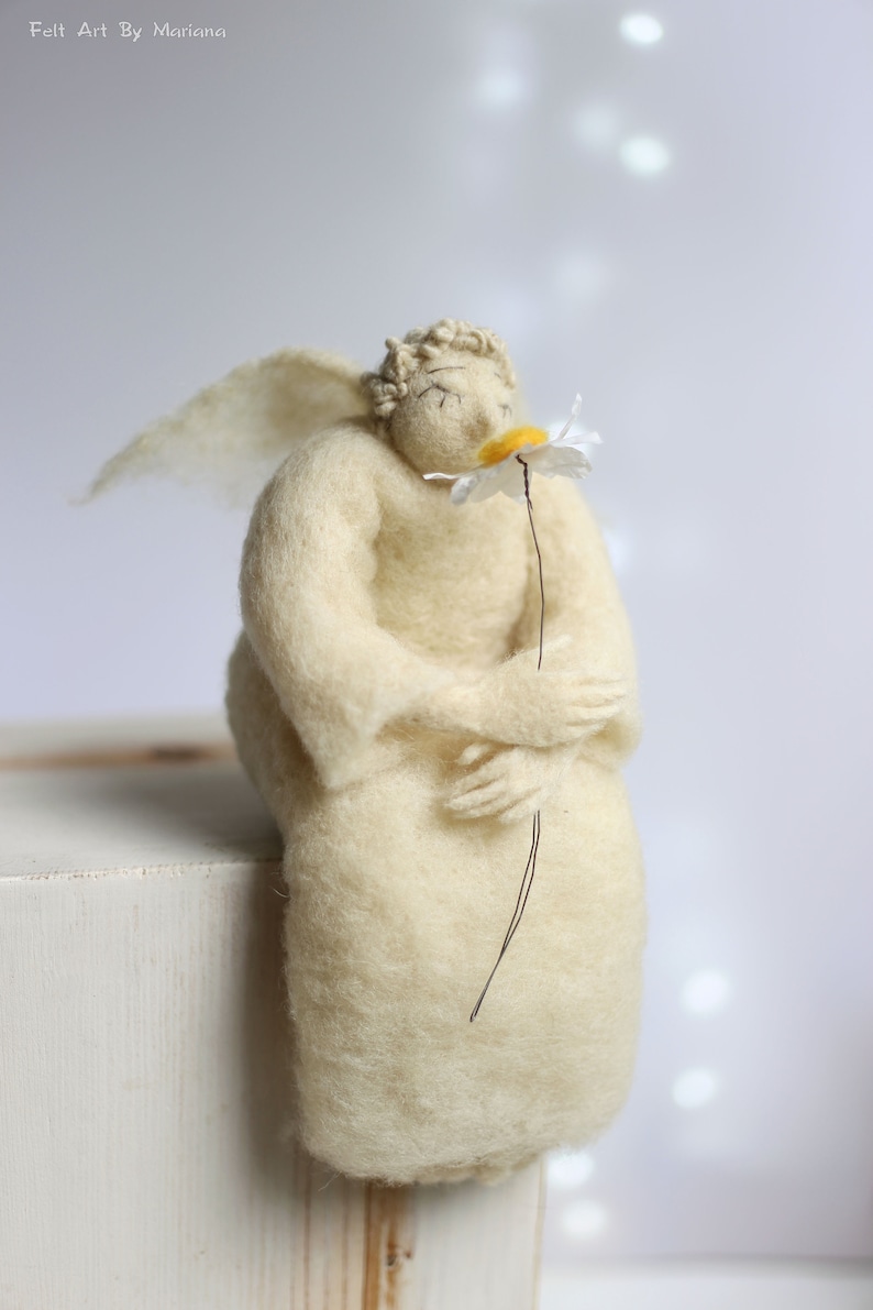 Needle Felted Dreamy Angel With A Daisy, Valintine's Gift Idea, Guardian Angel, Cupid, Christmas Decor, Handmade, White, Flower Lovers, image 2