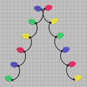 May include: A Christmas tree made of a string of lights with red, yellow, blue, and green bulbs.