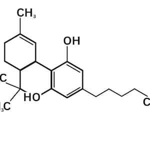May include: A chemical structure diagram of a molecule with a hexagonal ring and a side chain. The molecule has two hydroxyl groups (OH) and several methyl groups (CH3).