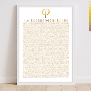 May include: A white framed print with a gold and yellow Greek letter phi symbol and the number 1.618033988749894848204586. The background is a pattern of small squares in shades of yellow and purple.