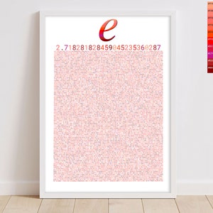 Puede incluir: Un póster enmarcado blanco con una 'e' degradada en rojo y naranja y el número 2.718281828459045235360287 impreso en una fuente más pequeña debajo.