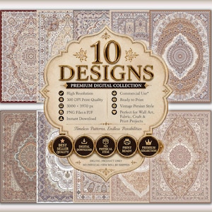 10 Perzische Tapijt Digitale Patronen, Vintage Oosterse Kleedtexturen, 300 DPI Printbare PNG, Commercieel Gebruik