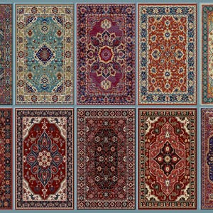 Op de afbeelding: Een collectie van tien rechthoekige vloerkleden met ingewikkelde bloem- en geometrische patronen in diverse kleurenpaletten, waaronder diepblauw, karmozijnrood, taling, crème en bordeaux, elk met een centraal medaillon en een rand.