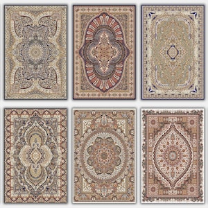 May include: A collection of ten rectangular rugs featuring intricate, symmetrical patterns in various color palettes including deep red, navy blue, beige, and brown. Each rug displays detailed floral and geometric motifs with ornate borders.