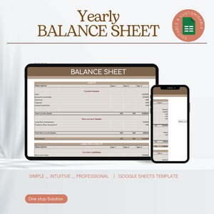 Peut inclure: Un modèle numérique de bilan annuel. Le modèle est conçu pour être utilisé avec Google Sheets et comprend des sections pour les actifs, les passifs et les capitaux propres. Le modèle est personnalisable et modifiable.