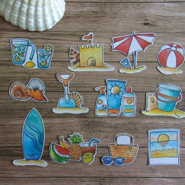 Stickers Plage Sable Coquillage Fruits Parasol Seau Pelle Château Panier Osier Ballon été Planner Scrapbooking Bujo Bullet Journal Carterie