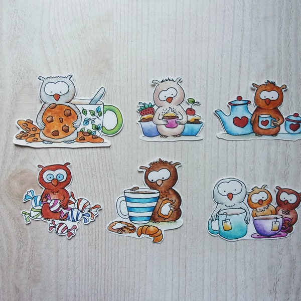 Stickers Animaux Cute Oiseau Hibou Embellissement Gâteaux Cupcake Tasse Thé Café Gourmandise Mug Scrapbooking Cosy Planner Bullet Journal