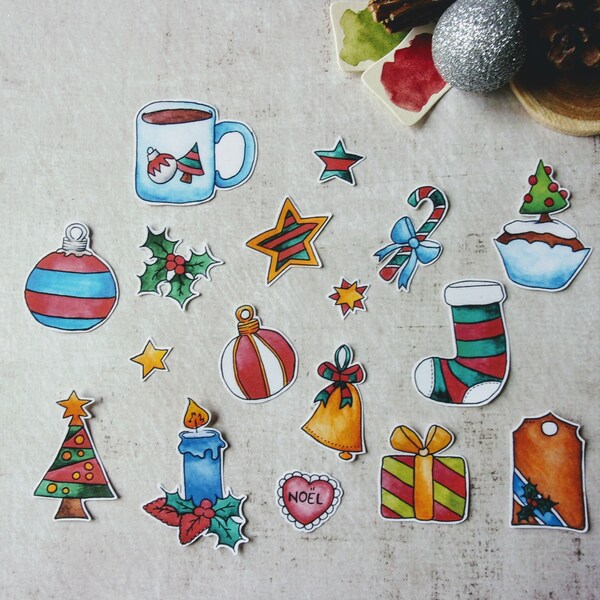 Stickers Fête Noël cadeaux Bougie Boule sapin Cloche Cœur Sucre d'orge étoile Feuille Houx Chaussette Scrapbooking planner bullet Journal