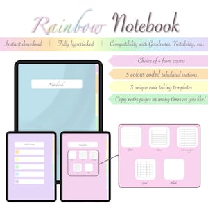 Pode incluir: Um caderno digital com tema arco-íris. O caderno tem uma escolha de quatro capas, cinco seções tabuladas codificadas por cores e cinco modelos de anotações exclusivos. O caderno é compatível com Goodnotes, Notability e outros aplicativos de anotações.