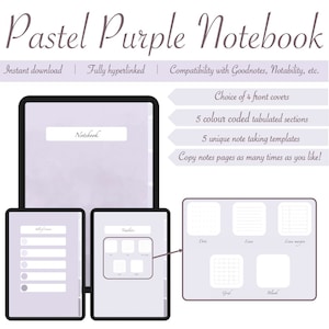 Peut inclure: Un modèle de carnet numérique dans un schéma de couleurs violet pastel. Le modèle comprend un choix de quatre couvertures avant, cinq sections tabulées codées par couleur, cinq modèles de prise de notes uniques et le texte "Notebook".