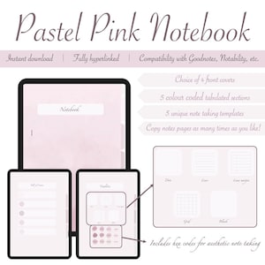 Peut inclure: Un cahier numérique rose pastel intitulé "Pastel Pink Notebook". L'image présente les caractéristiques du cahier, notamment 4 choix de couvertures, 5 sections codées par couleur et des modèles de prise de notes. Le texte comprend "Téléchargement instantané" et "Entièrement hyperlié".