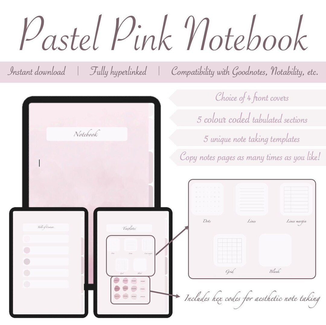 5 Section Digital Pastel Pink Notebook, Goodnotes Notebook, Notability ...