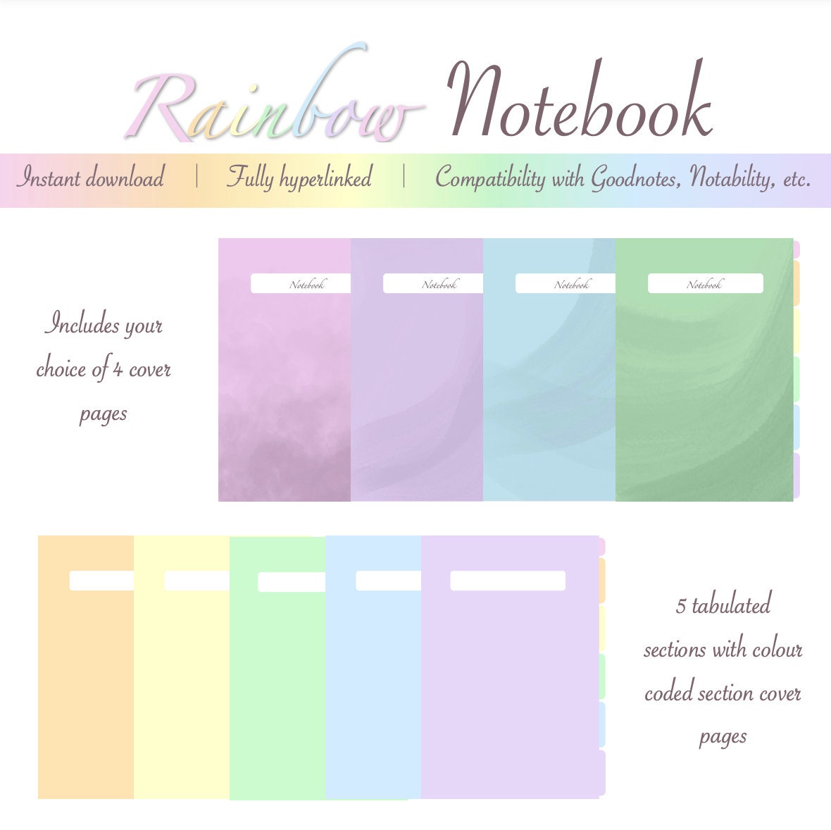 Noteability Notebook 5 Section Digital Rainbow Notebook, Goodnotes Notebook, Notability ...