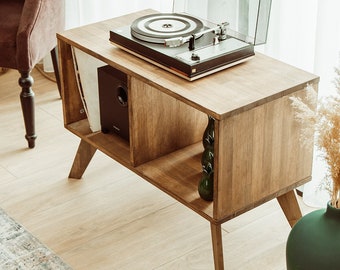 Mcm Grote Draaitafel Stand, Massief Houten Platenspeler Stand, Halverwege de Eeuw Moderne Vinyl Record Opslag, Mcm Lp Opslag