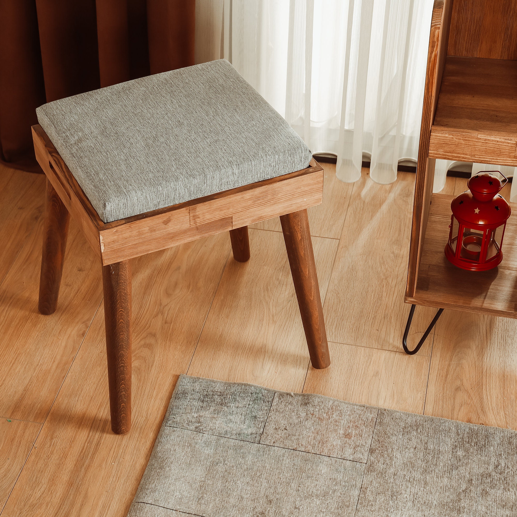 Foot Stool, Footrest Small Ottoman Stool, Elevated with Rolling Wheels-  Wooden Walnut Storage Drawer and Magazine Rack- Tapestry Top with Storage 