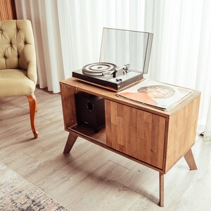Mid Century Modern Media Console, Turntable Stand With Record Storage, Record Cabinet With Hairpin Legs