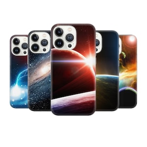 May include: Four different phone cases with space-themed designs. The cases feature images of planets, stars, and galaxies.