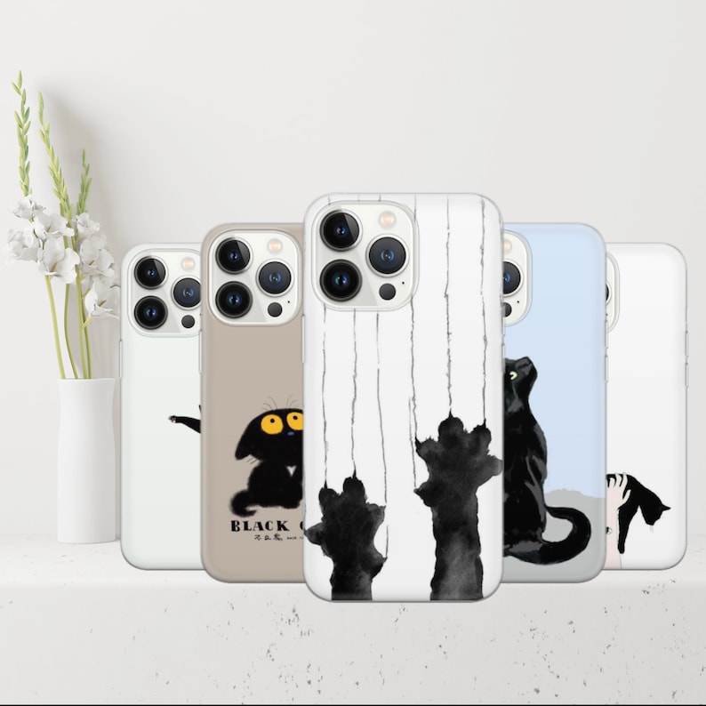 Black cat Phone Case Feline Cover for iPhone 14 13 12 Pro 11 XR 8 7, Samsung S23 S22 A73 A53 A13 A14 S21 Fe S20, Pixel 7 6A image 1