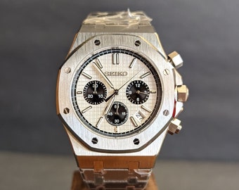 SeikOak Luxury Chronograph Panda Dial Stainless Steel Royal  Oak style  Waffle Dial VK63 Men's Watch