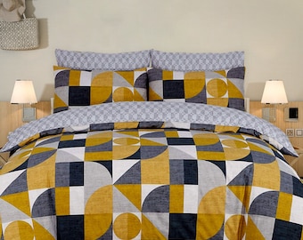 100% Pure Cotton Printed Duvet Cover Set, Geometric Mustard & Grey