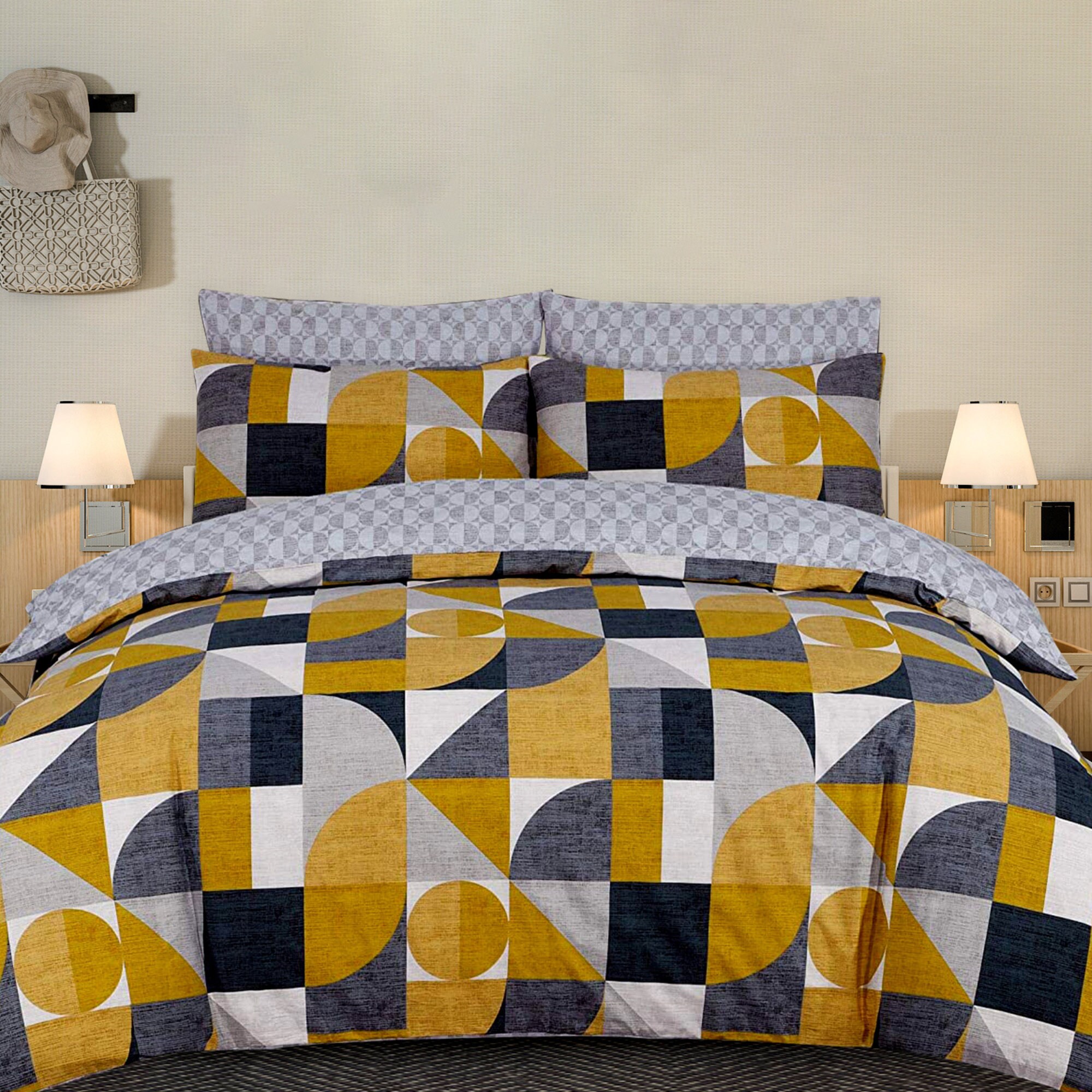 100 Pure Cotton Printed Duvet Cover Set, Geometric Mustard & Grey