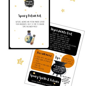 May include: A Spooky Potion Kit with a black and white design, featuring a potion bottle illustration. Includes an ingredients list, tips, and a list of needed items. The kit is designed for witches, wizards, and potion makers.
