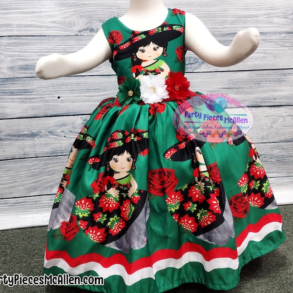 Vestido mexicano para niñas, vestido charra para niñas, vestido de fiesta mexicano para niños, vestido de fiesta mexicana verde
