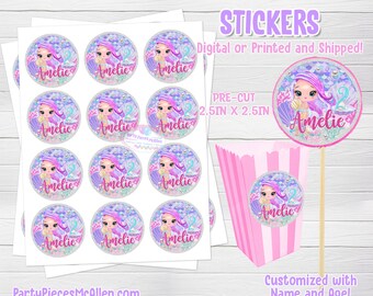 Mermaid Round Labels, Cute Mermaid Party Supplies, Mermaid Digital File, Mermaid Stickers