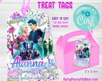 Zombies 3 Editable Treat Tags, Zombies 3 Digital Files, Zombies 3 Party Princess Party, Addison and Zed Treat Tags