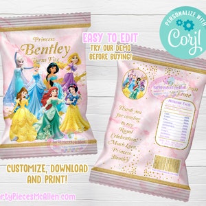 Prinzessin Party bearbeitbares Chip-Beuteletikett, Prinzessin Party Digitale Dateien, Prinzessin Partyetiketten, Prinzessin Party, bearbeitbare Prinzessin Dateien