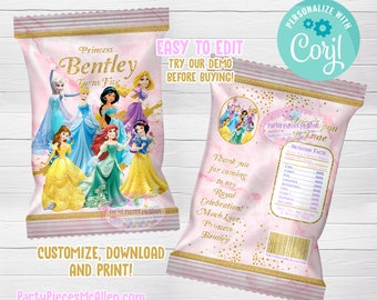 Princess Party Chip Bag Label, Editable Digital File