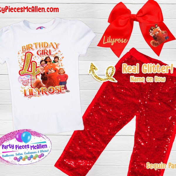 Turning Red Birthday Outfit, Red Birthday Shirt, Red Bow, Turning Red Outfit, Red Sequin Pants