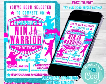 May include: A pink and blue invitation with glitter background for a 7th birthday party. The invitation says "Harper's Ninja Warrior 7th Birthday" and includes the date and time of the party. The invitation also includes the text "You've been selected to compete on" and "Come Celebrate".