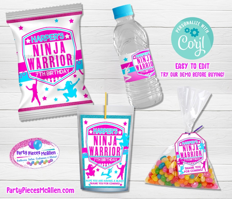 May include: A set of printable party favor labels featuring a pink and blue ninja warrior theme. The labels include a chip bag, water bottle, juice box, and a favor bag tag. The labels feature a girl in a ninja pose and the text "Harper's Ninja Warrior 7th Birthday".