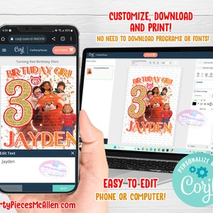 K&ouml;nnte beinhalten: Ein anpassbares Geburtstags-Shirt-Design mit den Charakteren aus dem Animationsfilm Turning Red. Das Design enth&auml;lt eine gro&szlig;e Zahl 3 mit goldenem Glitzer, die Worte "Birthday Girl" und "Turning Red" sowie den Namen "Jayden".