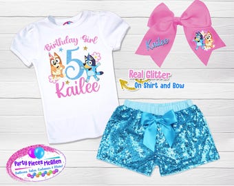 Blue Dog Birthday Outfit, Sequin Shorts, Glitter Bow