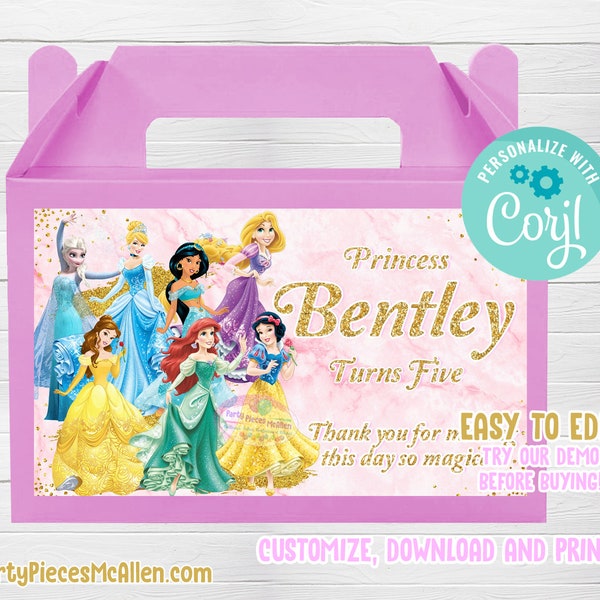 Princess Editable Box Labels, Princess Digital Files, Princess Gable Box Labels, Princess Party