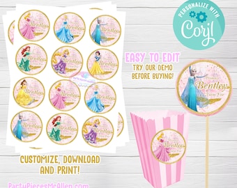 Princess Editable Round Labels, Princess Digital Files, Princess Labels, Princess Party, Princess Round Labels, Instant Customization