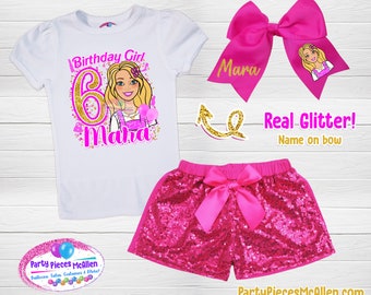Blonde Doll Birthday Sequin Short Outfit, Doll Birthday Outfit
