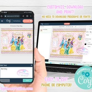 May include: A digital template for a princess-themed chip bag. The template features a pink and gold background with images of Disney princesses. The text "Princess Chip Bag" is at the top of the template. The text "Welcome Bentley" is in a gold banner at the top of the template. The template is customizable with the text "Edit Text" and a text box for entering a name.